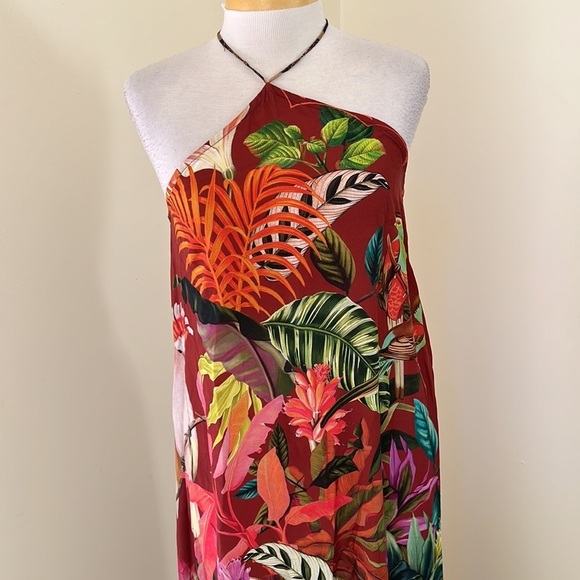 FARM Size S Mackaw leaves tropical halter backless long dress - Picture 2 of 11